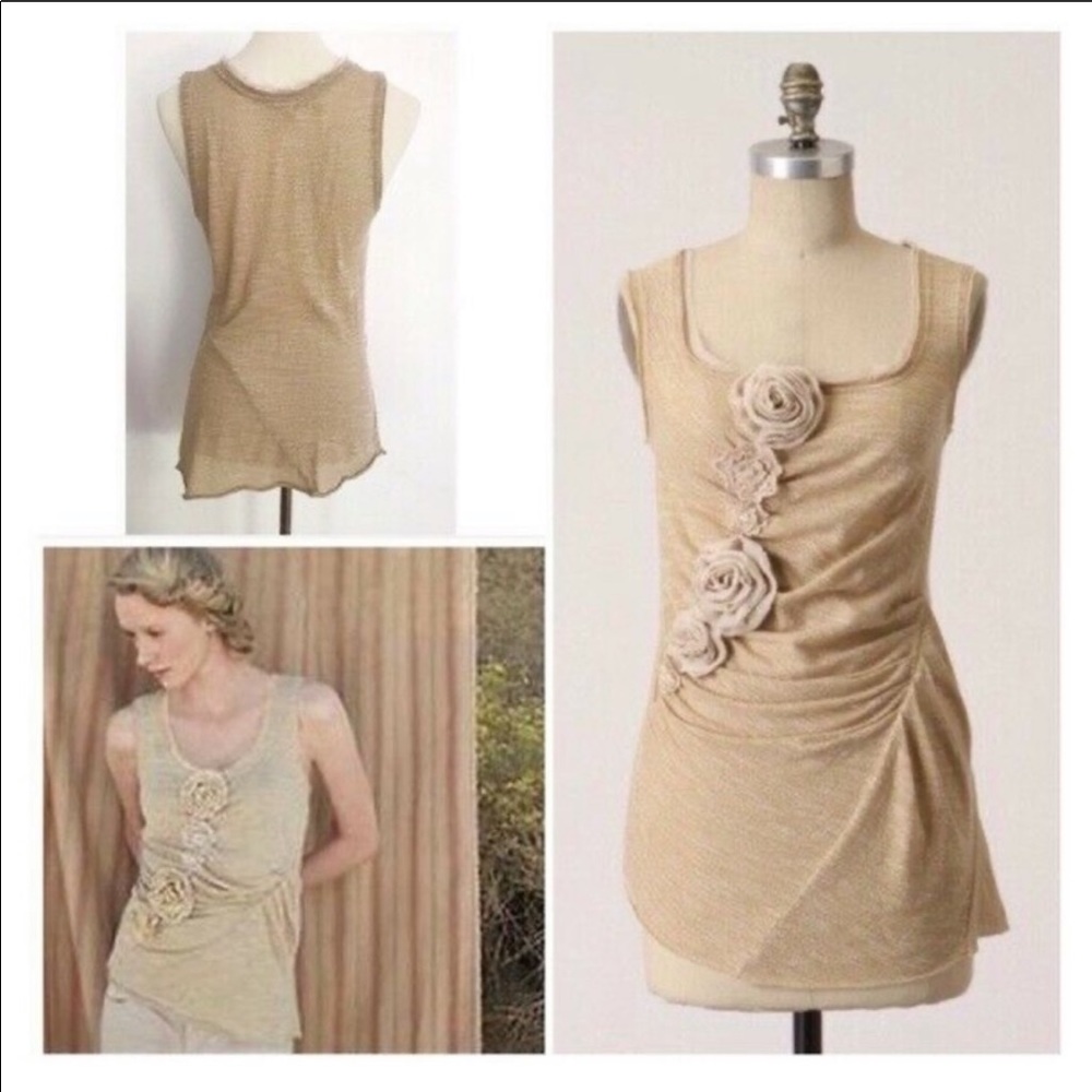 Anthropologie C. Keer Gold Shimmery Floral Tank